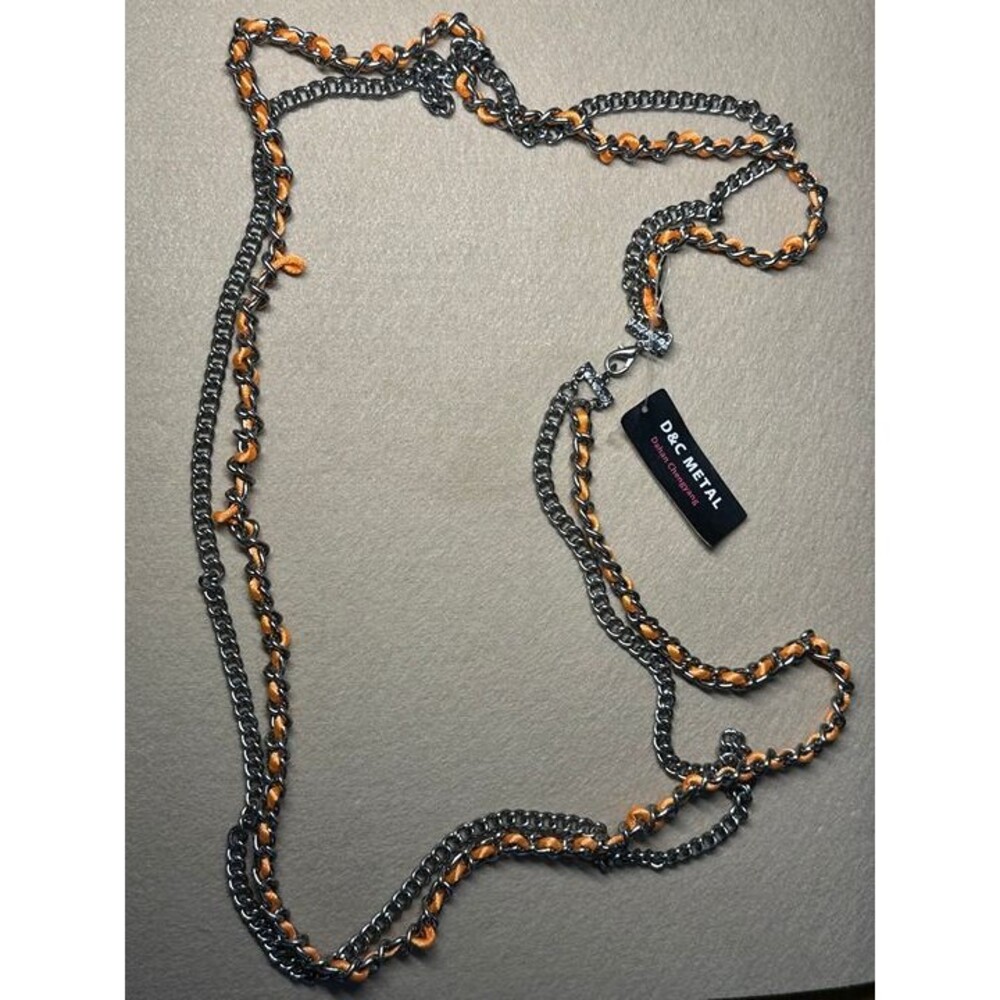 gunmetal tone long chain belt with orange ribbon weave statement accessory nwt
